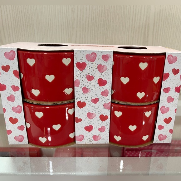 Valentine’s Day Red Bakeshop Ceramic Ramekins with White Hearts Set of 4 NWT - Picture 4 of 5